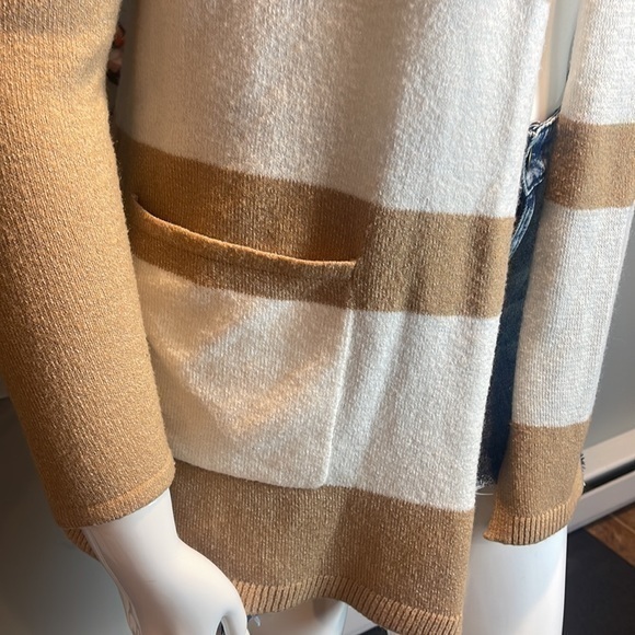 LOFT Tan & White‎ Striped Pocket Cardigan Sweater Womens Size M RefJ023 - Picture 9 of 11